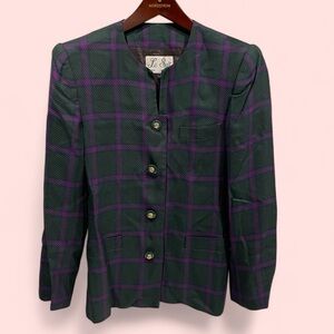 Elegant 80’s green purple plaid chunky jeweled button blazer Le Suit pockets